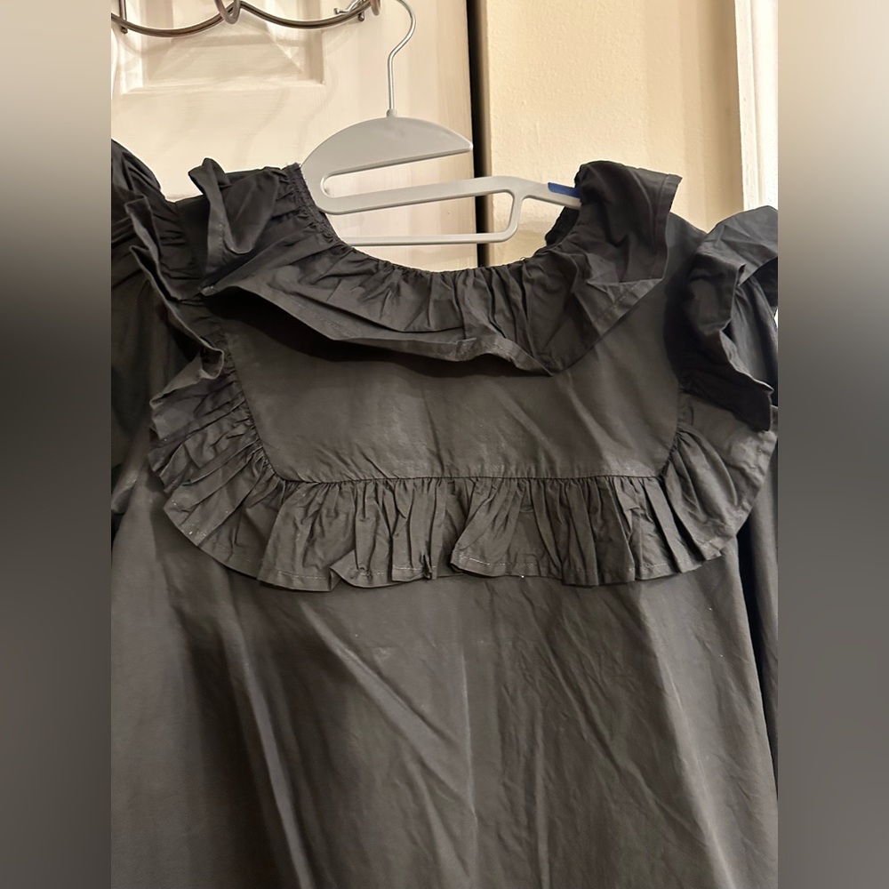 Romantic Ruffle Cotton Blouse - Victorian Smocked Cuff Top - Black Size S - Picture 4 of 8